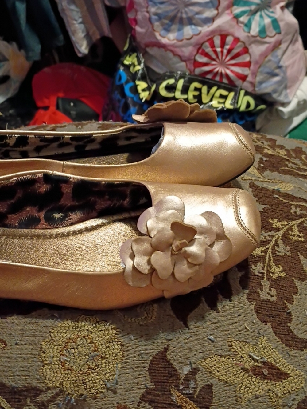 Restricted Metallic Gold Floral Ballet Flats